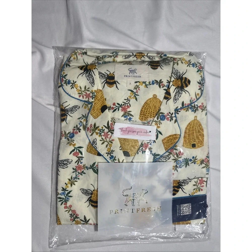 NWT $168 PRINTFRESH [ Small ] 100% Organic Cotton Long PJ Set in Sweet Bee T2205